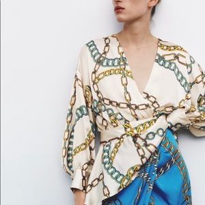 Zara Printed Wrap With Multicoloured Chain Design Bow Blouse Size M (M)